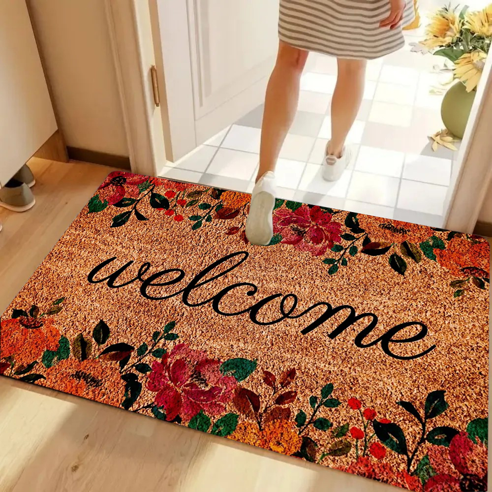 Maranta Prayer Plant - Welcome Retro Floral Doormat Orange Coir